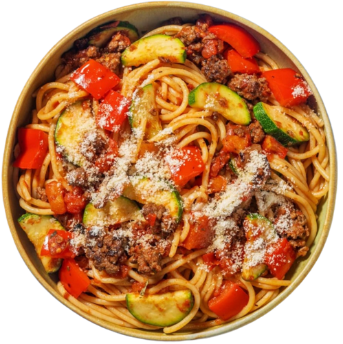 Tomātu-ķiploku liellopu gaļa ar spageti un papriku